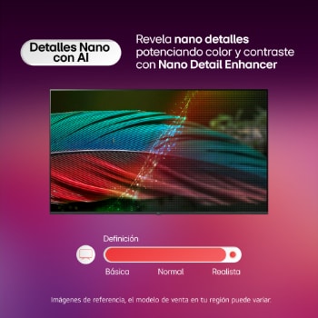 LG NANO 4K UHD AI NU85 permite la superampliación 4K con mapeo dinámico de tonos, mostrando un retrato en primer plano con flores mientras la IA refina cada marco para mejorar la textura de la piel, los detalles finos y el color natural hasta una resolución 4K.
